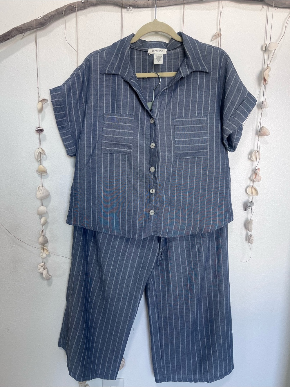 Espresso Petite Blue Striped 2-Piece Set Shirt & Pants PL⁠